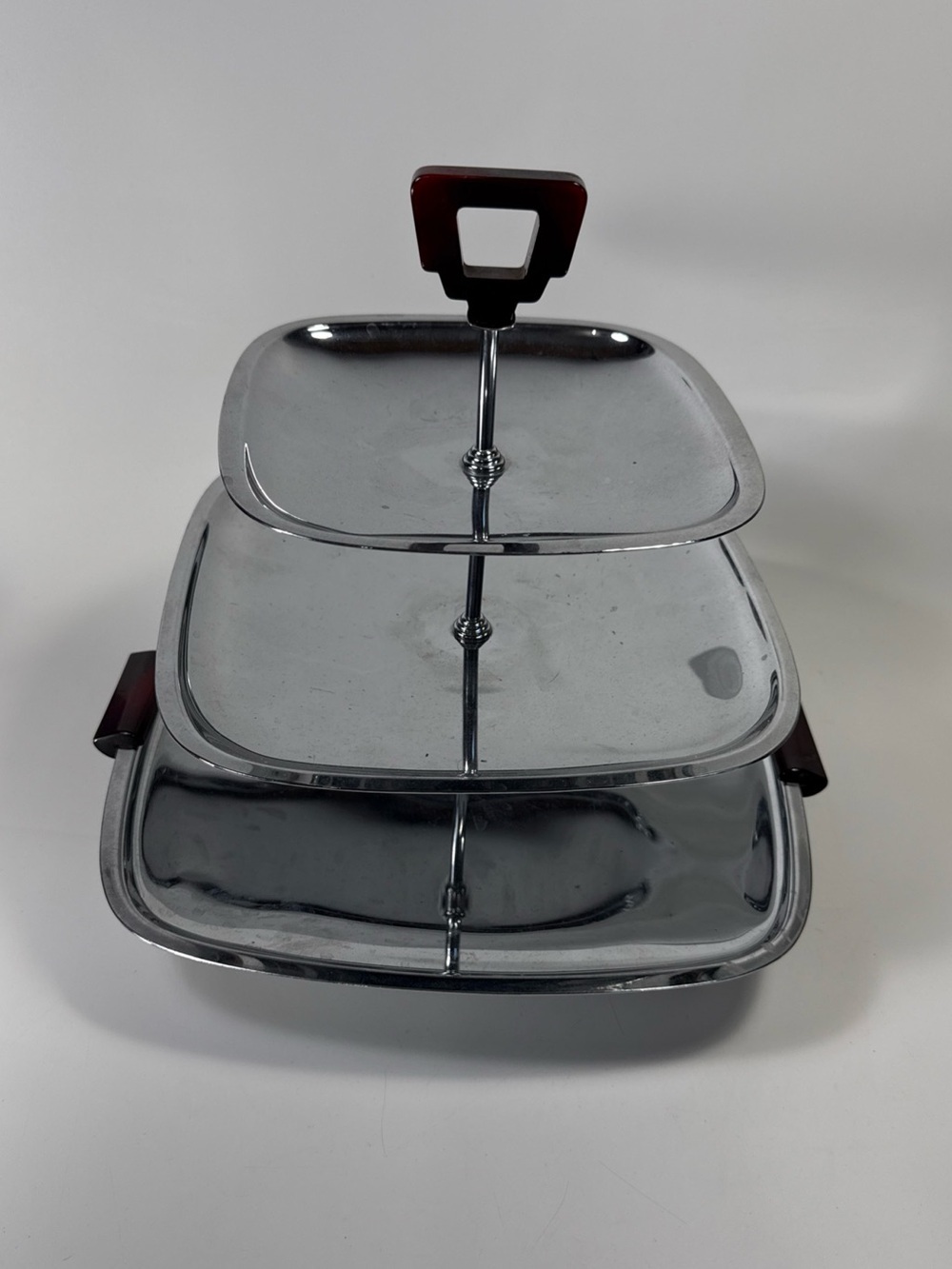 Vtg Cherry Bakelite Three-Tier Stainless Serving Tray